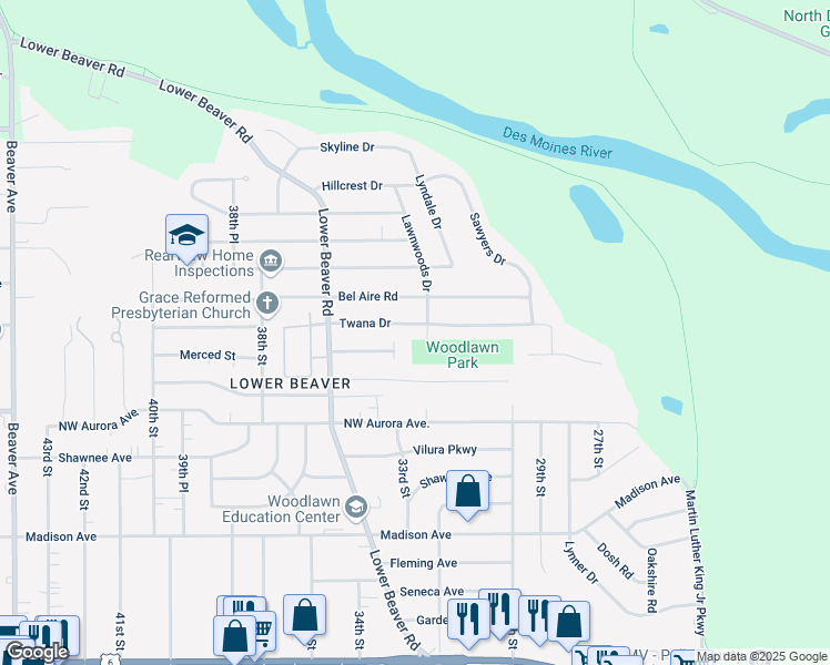 map of restaurants, bars, coffee shops, grocery stores, and more near 3210 Twana Drive in Des Moines