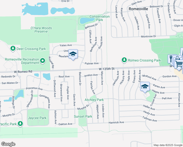 map of restaurants, bars, coffee shops, grocery stores, and more near 614 Avalon Avenue in Romeoville