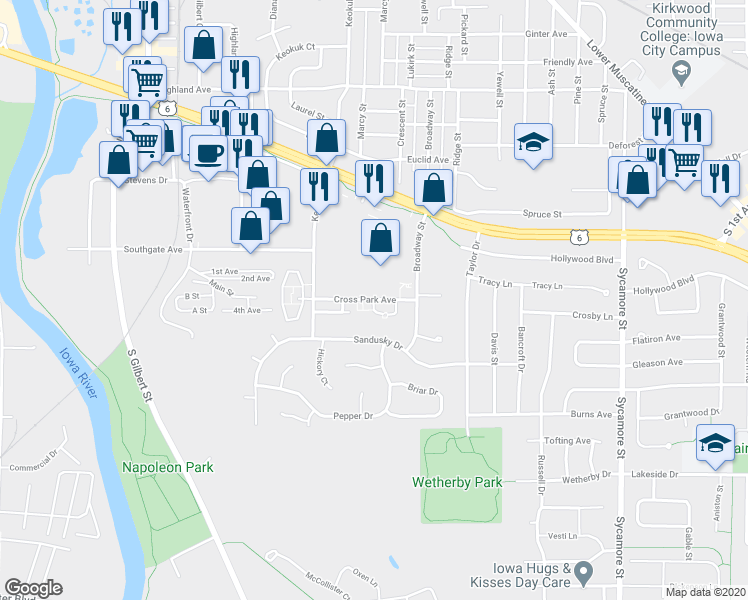 map of restaurants, bars, coffee shops, grocery stores, and more near 973 Cross Park Avenue in Iowa City