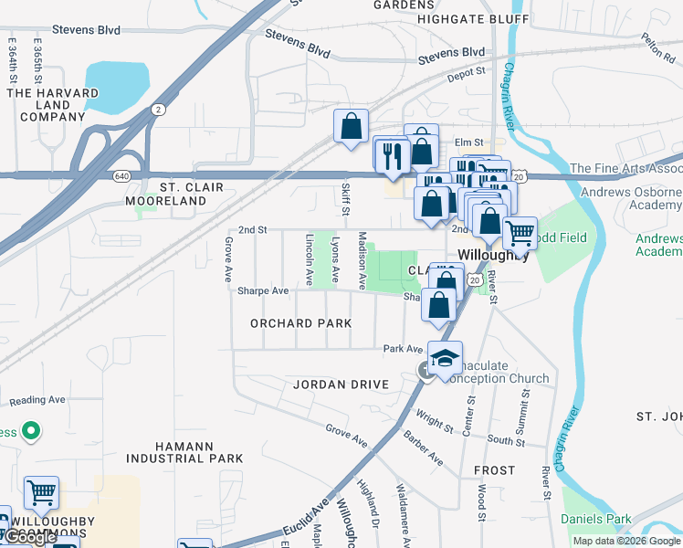 map of restaurants, bars, coffee shops, grocery stores, and more near 37606 Sharpe Avenue in Willoughby