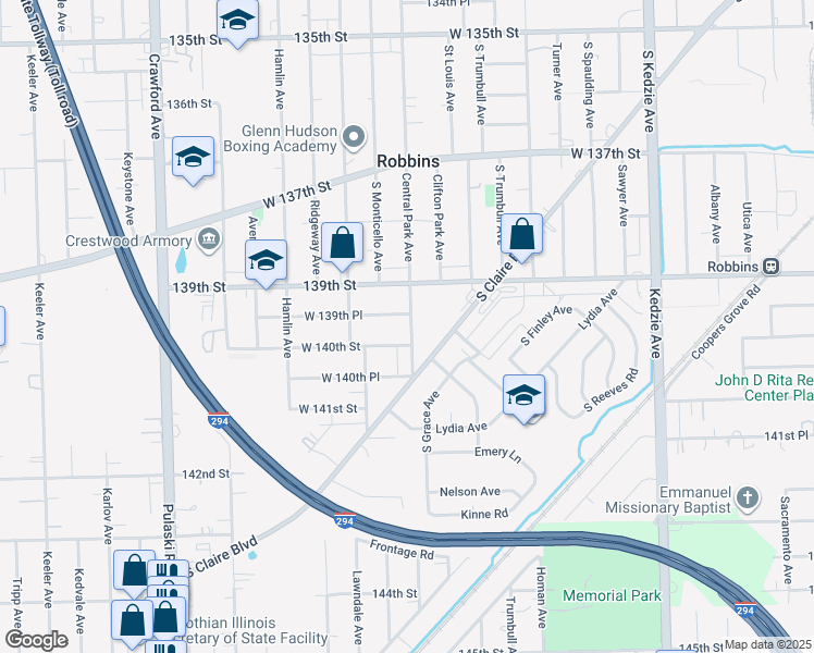 map of restaurants, bars, coffee shops, grocery stores, and more near 13916 Central Park Avenue in Robbins
