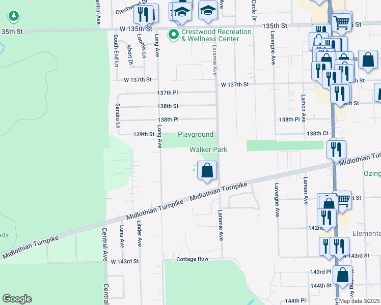 map of restaurants, bars, coffee shops, grocery stores, and more near 5241 James Lane in Crestwood