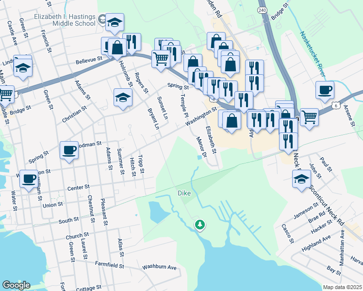 map of restaurants, bars, coffee shops, grocery stores, and more near 151 Washington Street in Fairhaven
