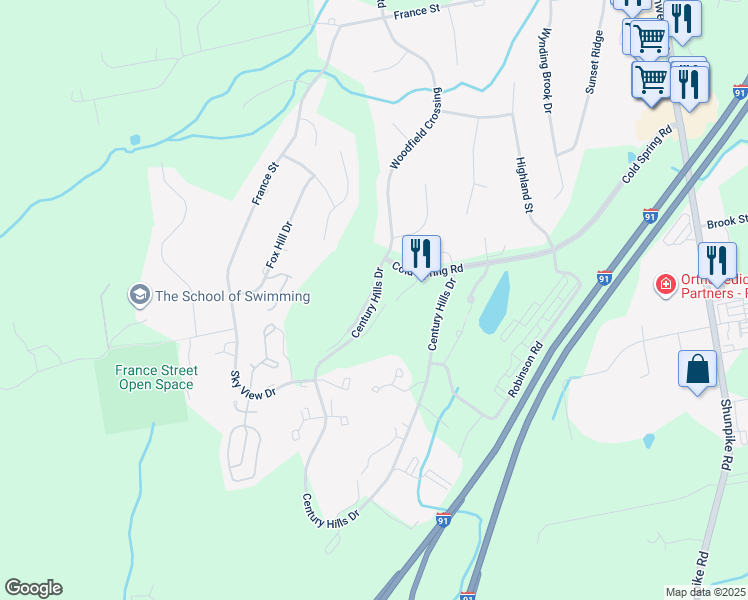 map of restaurants, bars, coffee shops, grocery stores, and more near 208 Country Club Court in Rocky Hill