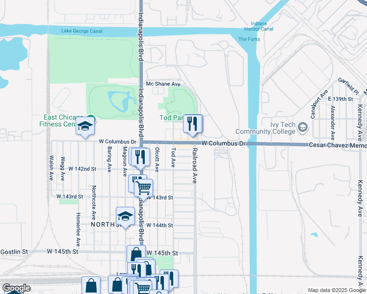 map of restaurants, bars, coffee shops, grocery stores, and more near 501-599 Penrhyn Pl in East Chicago