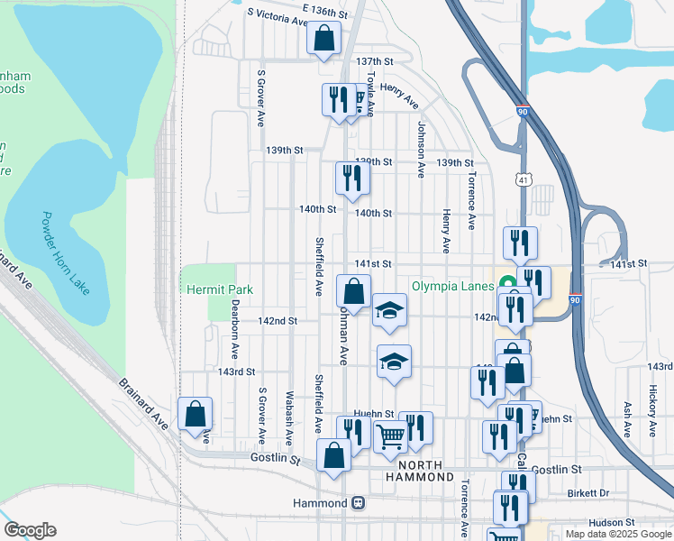 map of restaurants, bars, coffee shops, grocery stores, and more near 4126 Hohman Ave in Hammond