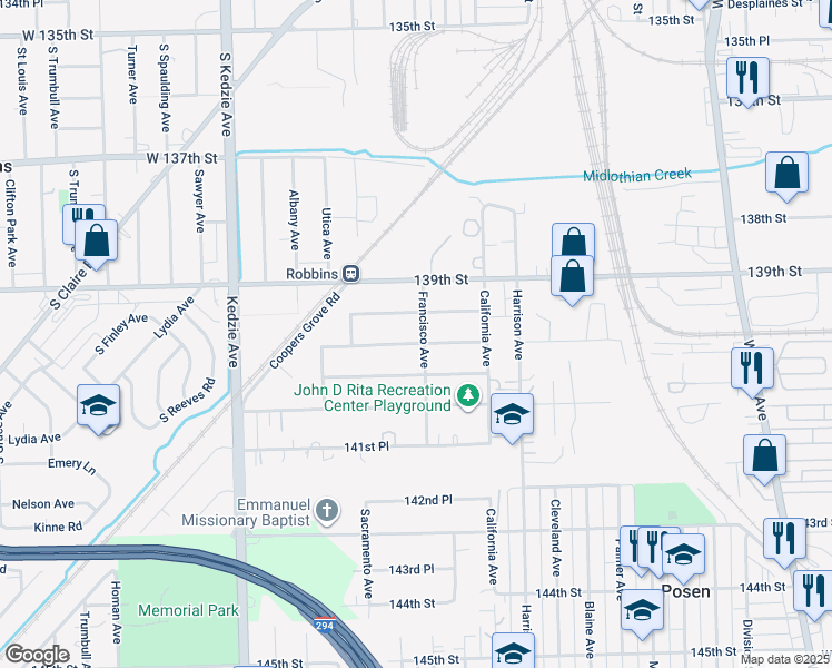 map of restaurants, bars, coffee shops, grocery stores, and more near 2904 140th Street in Blue Island