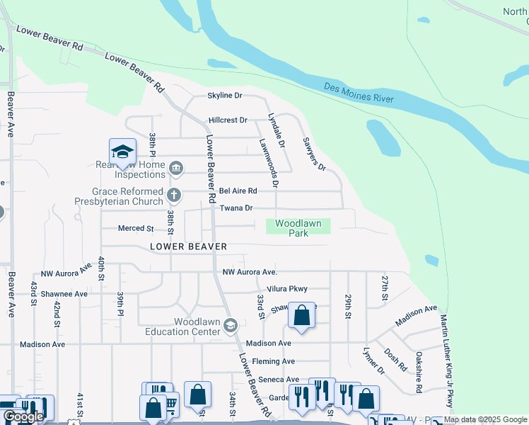 map of restaurants, bars, coffee shops, grocery stores, and more near 3210 Twana Drive in Des Moines