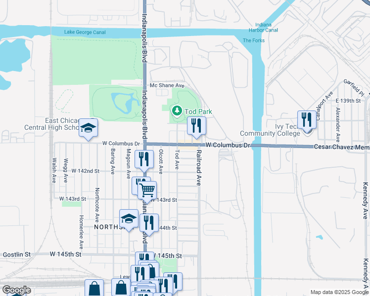 map of restaurants, bars, coffee shops, grocery stores, and more near 501-599 Penrhyn Pl in East Chicago