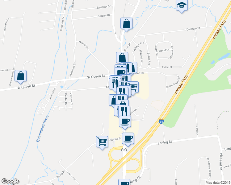 map of restaurants, bars, coffee shops, grocery stores, and more near 832 Queen Street in Southington