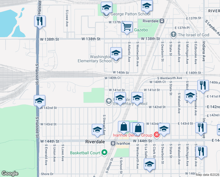 map of restaurants, bars, coffee shops, grocery stores, and more near 14050 South Tracy Avenue in Riverdale