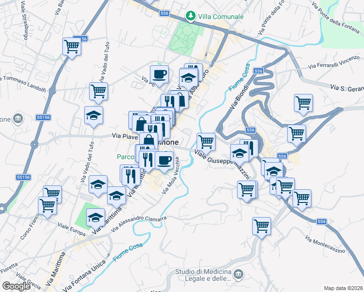 map of restaurants, bars, coffee shops, grocery stores, and more near 94 Viale Giuseppe Mazzini in Frosinone