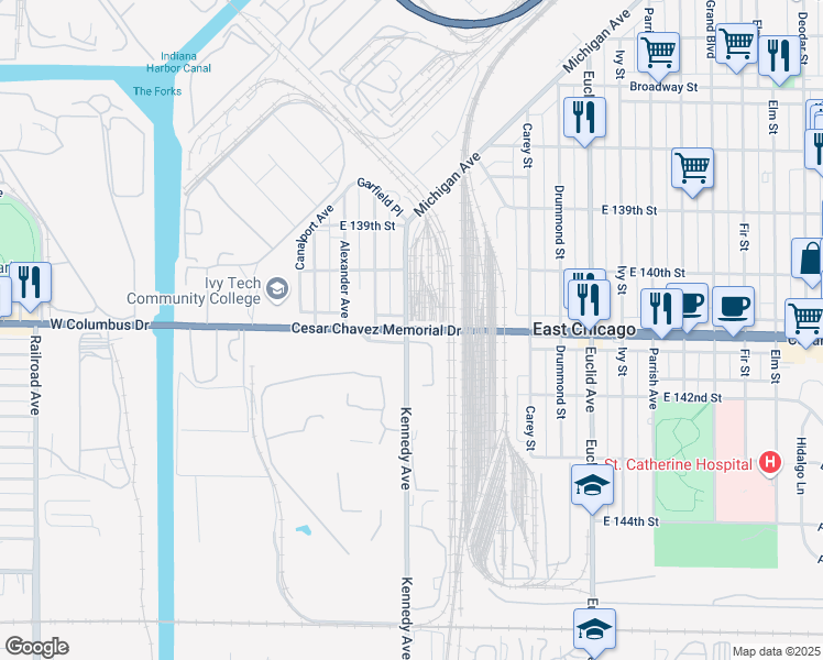 map of restaurants, bars, coffee shops, grocery stores, and more near 970 East Columbus Drive in East Chicago