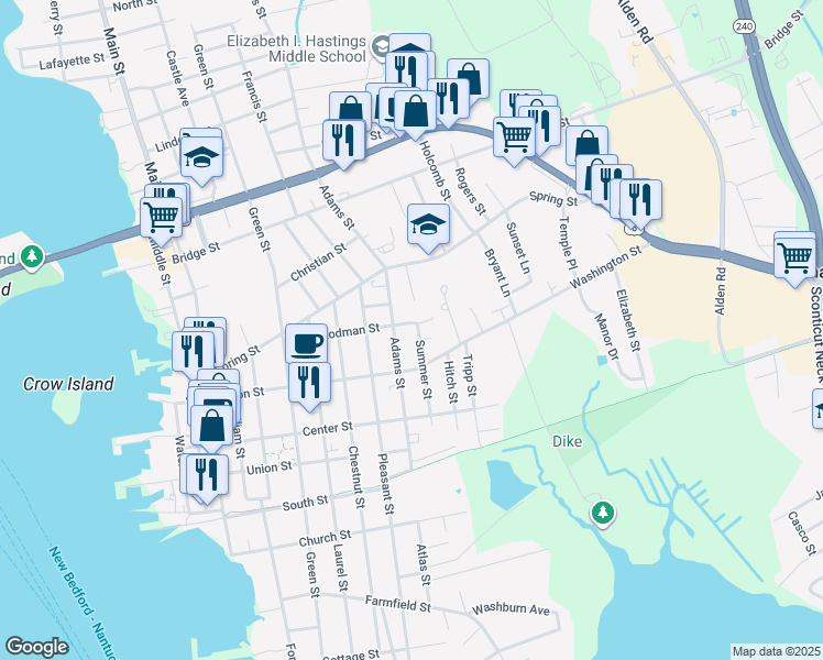 map of restaurants, bars, coffee shops, grocery stores, and more near 39 Adams Street in Fairhaven