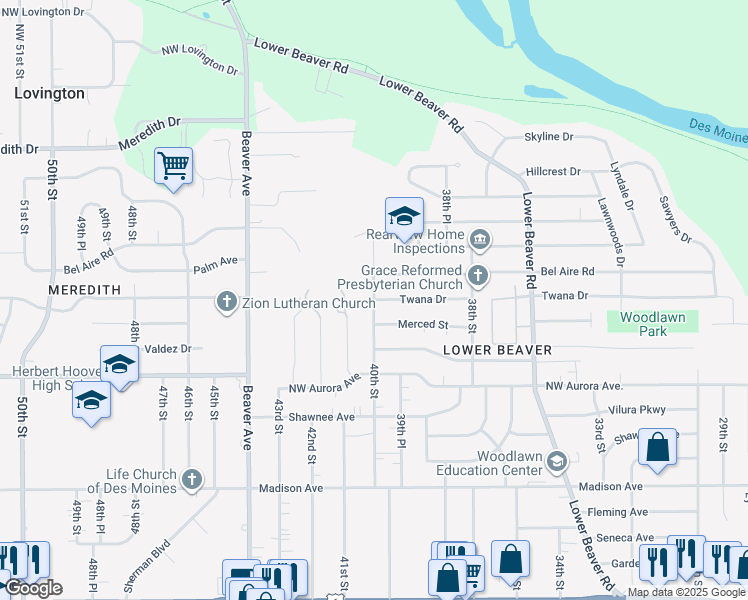 map of restaurants, bars, coffee shops, grocery stores, and more near 4599 40th Street in Des Moines