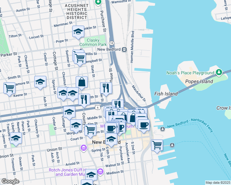 map of restaurants, bars, coffee shops, grocery stores, and more near 850 Pleasant Street in New Bedford