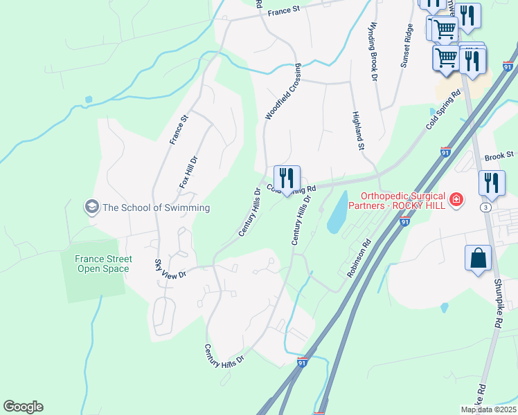 map of restaurants, bars, coffee shops, grocery stores, and more near 301 Country Club Court in Rocky Hill