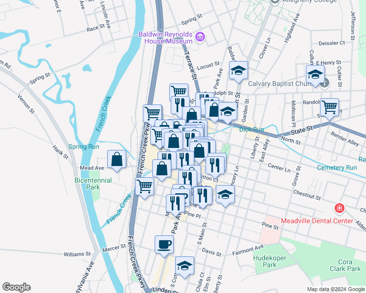 map of restaurants, bars, coffee shops, grocery stores, and more near 1009 Water Street in Meadville