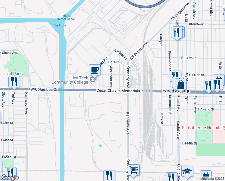 map of restaurants, bars, coffee shops, grocery stores, and more near 4149 Melville Ave in East Chicago