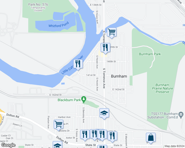 map of restaurants, bars, coffee shops, grocery stores, and more near 14116 South Hoxie Avenue in Burnham