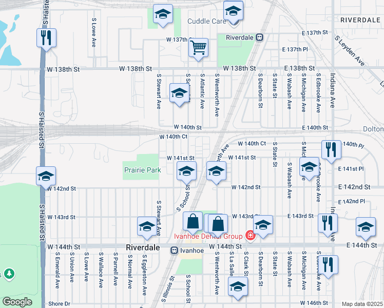 map of restaurants, bars, coffee shops, grocery stores, and more near 14110 South Highlawn Avenue in Riverdale