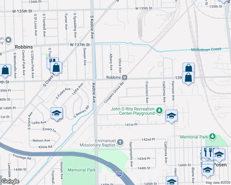 map of restaurants, bars, coffee shops, grocery stores, and more near 14012 Whipple Street in Blue Island
