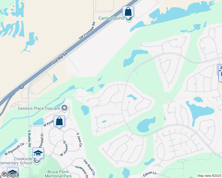 map of restaurants, bars, coffee shops, grocery stores, and more near 21350 West Juniper Lane in Plainfield