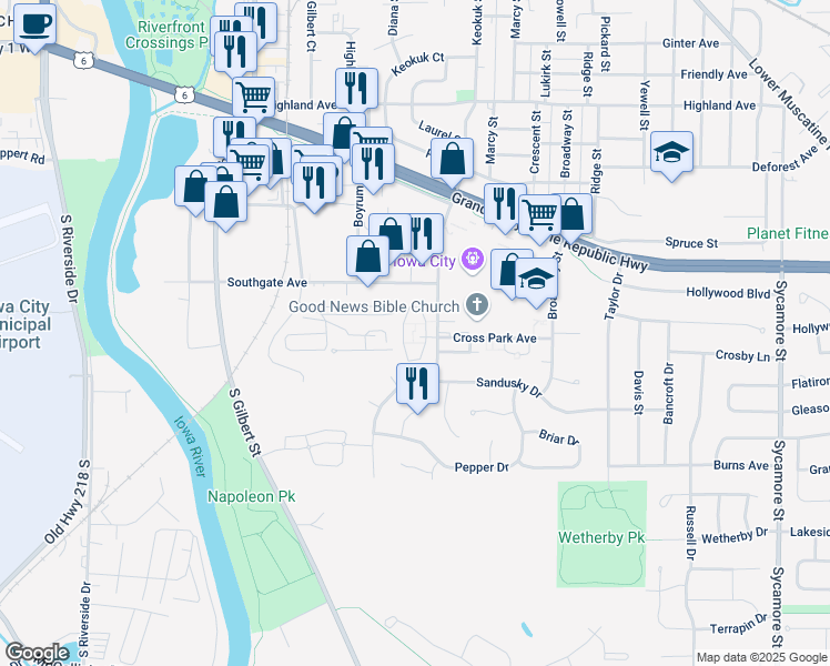 map of restaurants, bars, coffee shops, grocery stores, and more near 782 Sandusky Drive in Iowa City