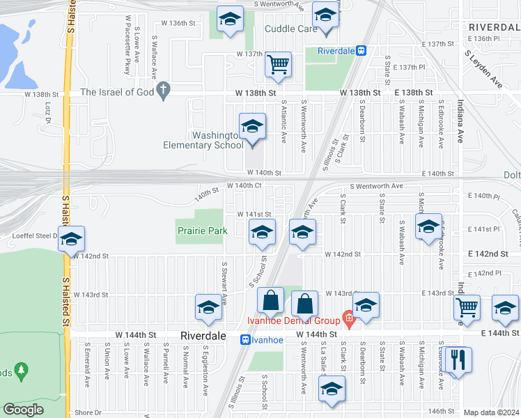 map of restaurants, bars, coffee shops, grocery stores, and more near 14044 South School Street in Riverdale