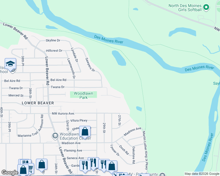 map of restaurants, bars, coffee shops, grocery stores, and more near 4505 29th Street in Des Moines