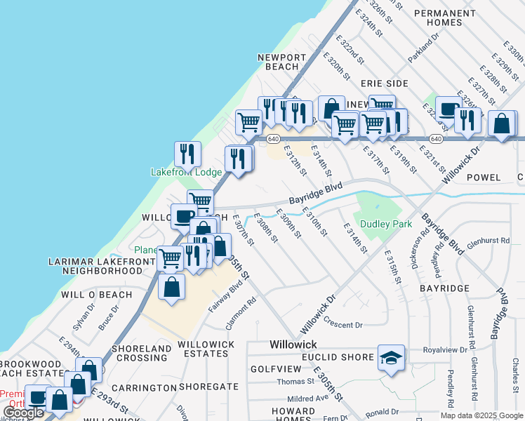 map of restaurants, bars, coffee shops, grocery stores, and more near 30820 Bayridge Boulevard in Willowick
