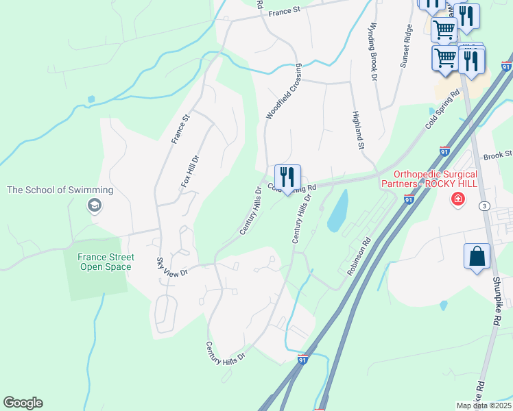 map of restaurants, bars, coffee shops, grocery stores, and more near 208 Watercourse Row in Rocky Hill