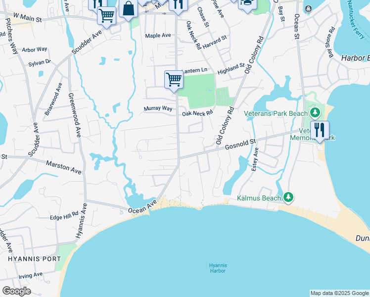 map of restaurants, bars, coffee shops, grocery stores, and more near 358 Sea Street in Barnstable