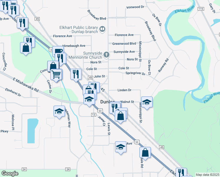 map of restaurants, bars, coffee shops, grocery stores, and more near 58882 County Road 13 in Elkhart