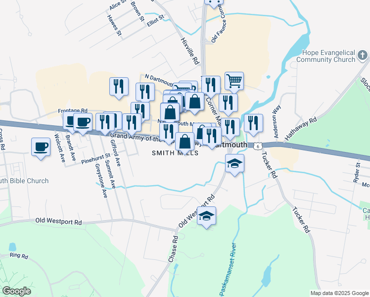map of restaurants, bars, coffee shops, grocery stores, and more near 337 State Road in Dartmouth