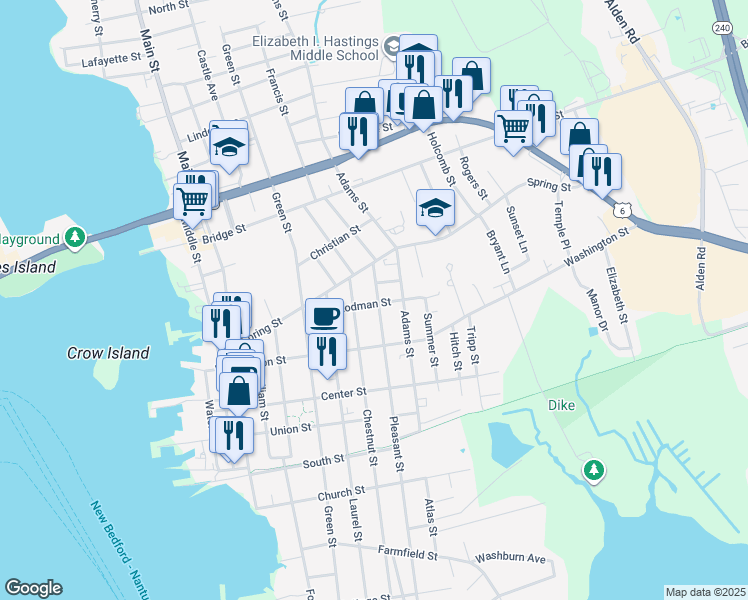 map of restaurants, bars, coffee shops, grocery stores, and more near 159 Pleasant Street in Fairhaven