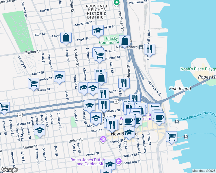 map of restaurants, bars, coffee shops, grocery stores, and more near 62 Thomas Street in New Bedford