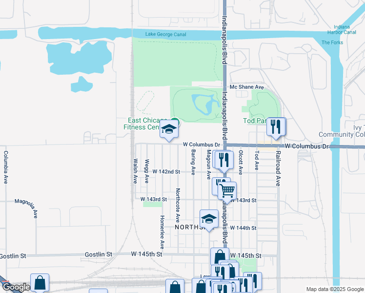 map of restaurants, bars, coffee shops, grocery stores, and more near 976-1062 West Columbus Drive in East Chicago