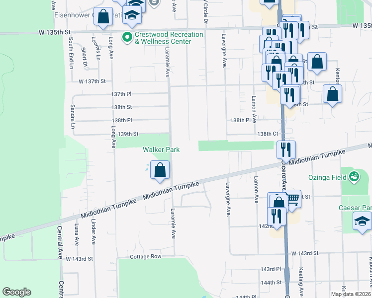 map of restaurants, bars, coffee shops, grocery stores, and more near 13855 Le Claire Avenue in Midlothian