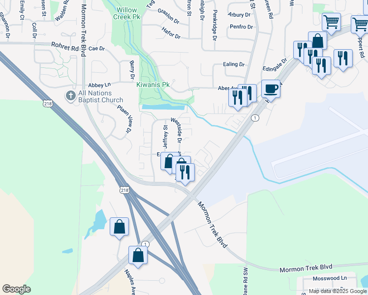 map of restaurants, bars, coffee shops, grocery stores, and more near 203 Westside Drive in Iowa City