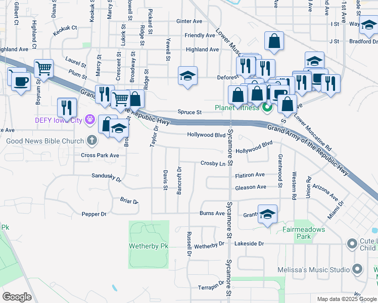 map of restaurants, bars, coffee shops, grocery stores, and more near 1411 Tracy Lane in Iowa City