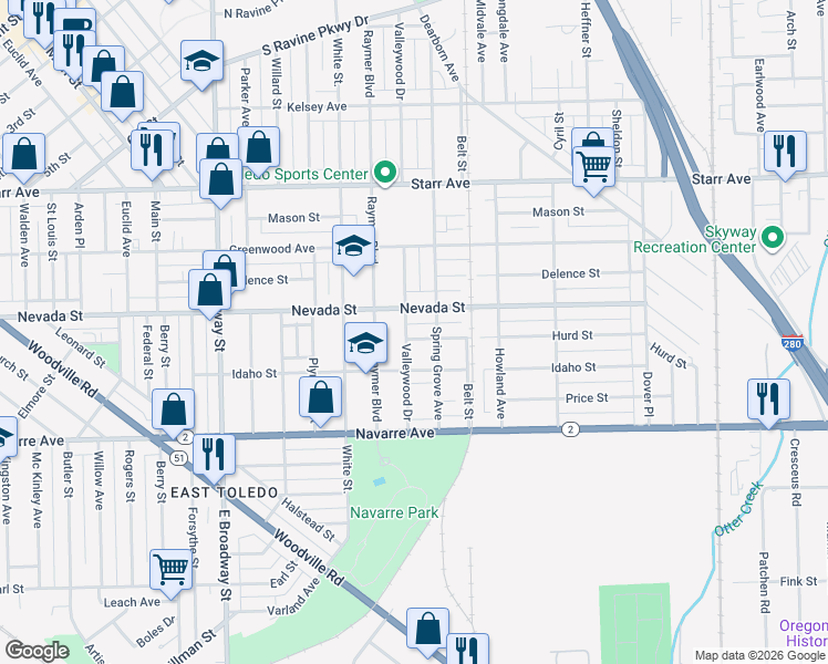 map of restaurants, bars, coffee shops, grocery stores, and more near 1611 Nevada Street in Toledo