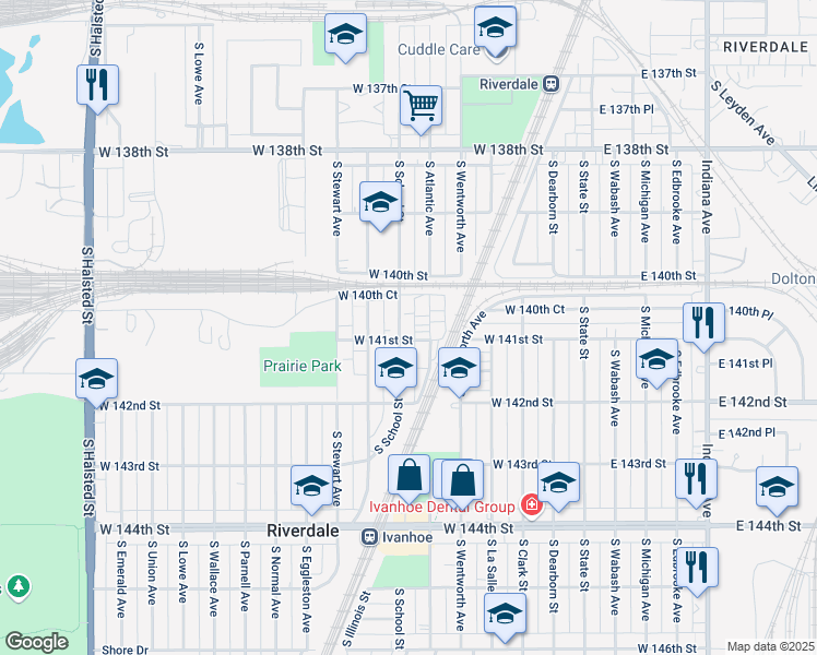 map of restaurants, bars, coffee shops, grocery stores, and more near 14041 South School Street in Riverdale