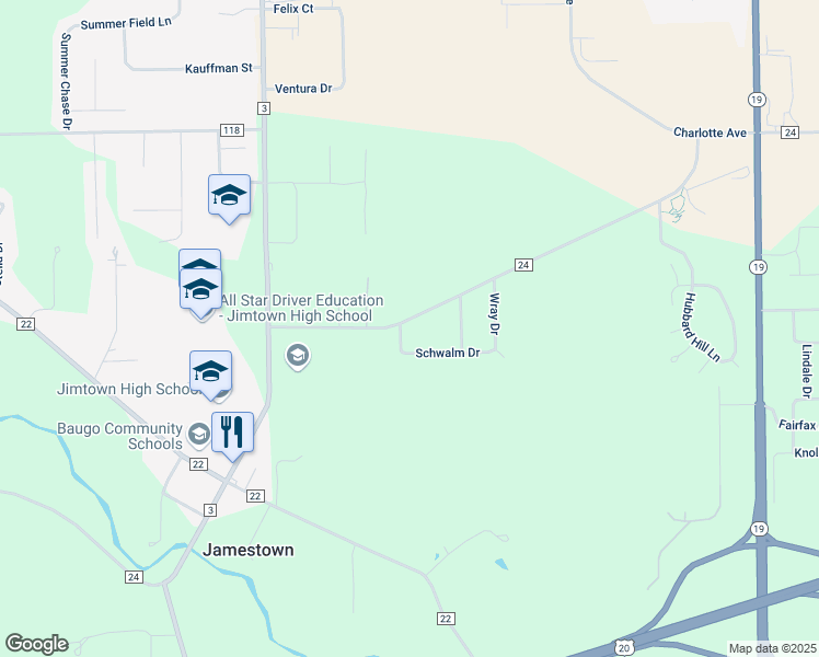 map of restaurants, bars, coffee shops, grocery stores, and more near 28615-28739 County Road 24 in Elkhart