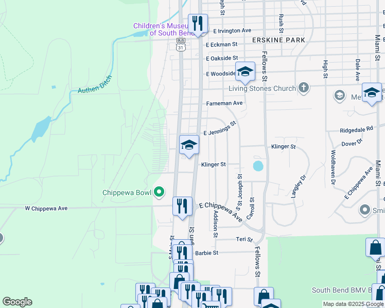 map of restaurants, bars, coffee shops, grocery stores, and more near 3407 South Michigan Street in South Bend