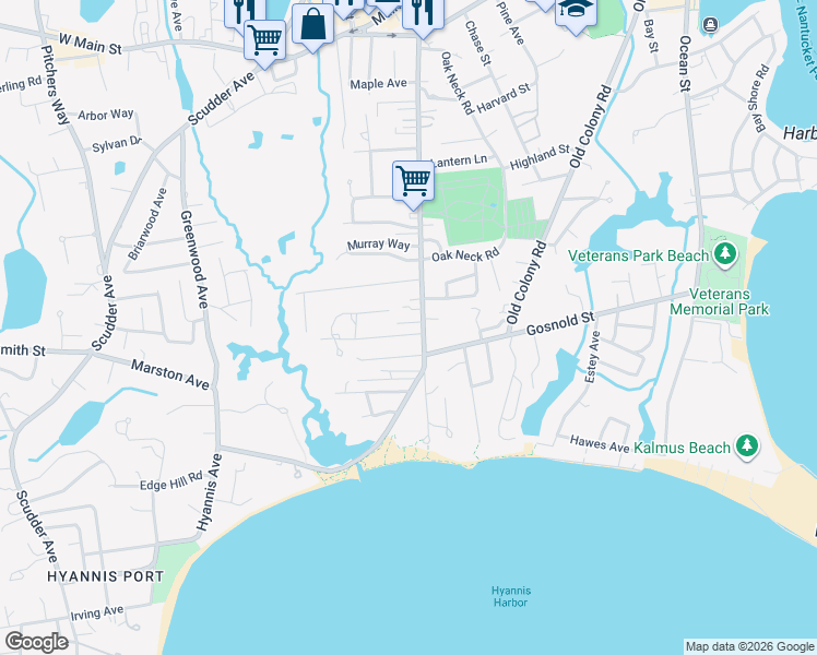 map of restaurants, bars, coffee shops, grocery stores, and more near 156 Southgate Drive in Barnstable