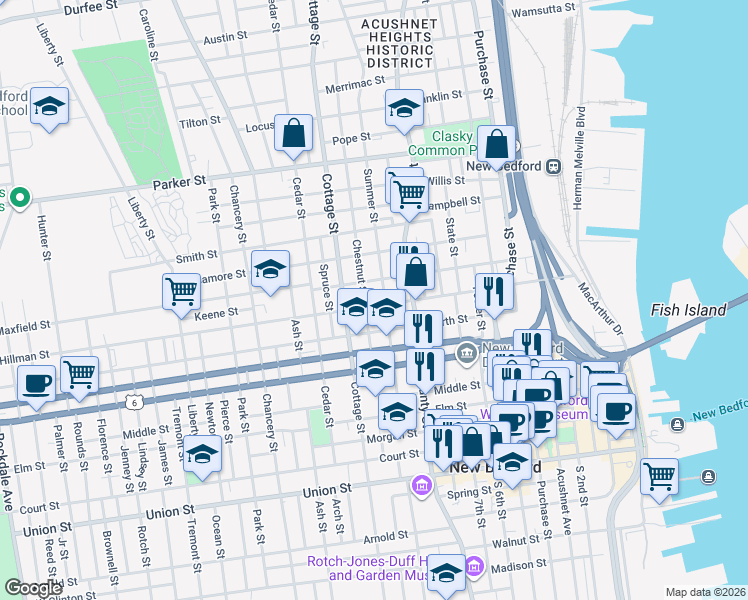 map of restaurants, bars, coffee shops, grocery stores, and more near 69 Chestnut Street in New Bedford