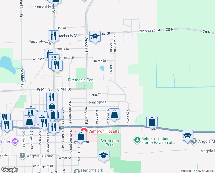 map of restaurants, bars, coffee shops, grocery stores, and more near 700 Apple Hill Way in Angola