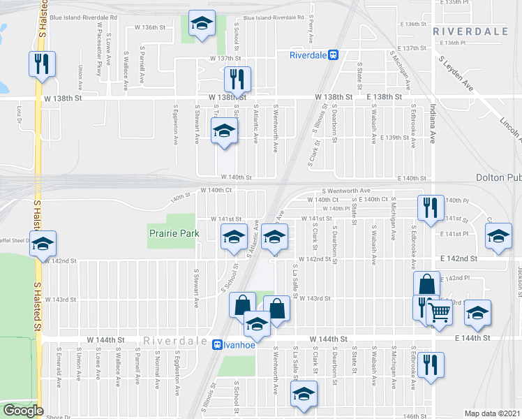 map of restaurants, bars, coffee shops, grocery stores, and more near 14022 South Highlawn Avenue in Riverdale