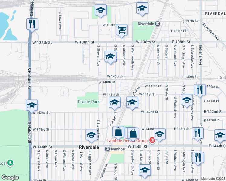 map of restaurants, bars, coffee shops, grocery stores, and more near 14017 South Tracy Avenue in Riverdale